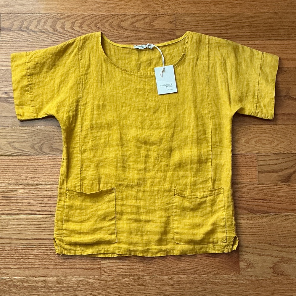 NWT Francesca Bettini Yellow Linen Short Sleeve Top
